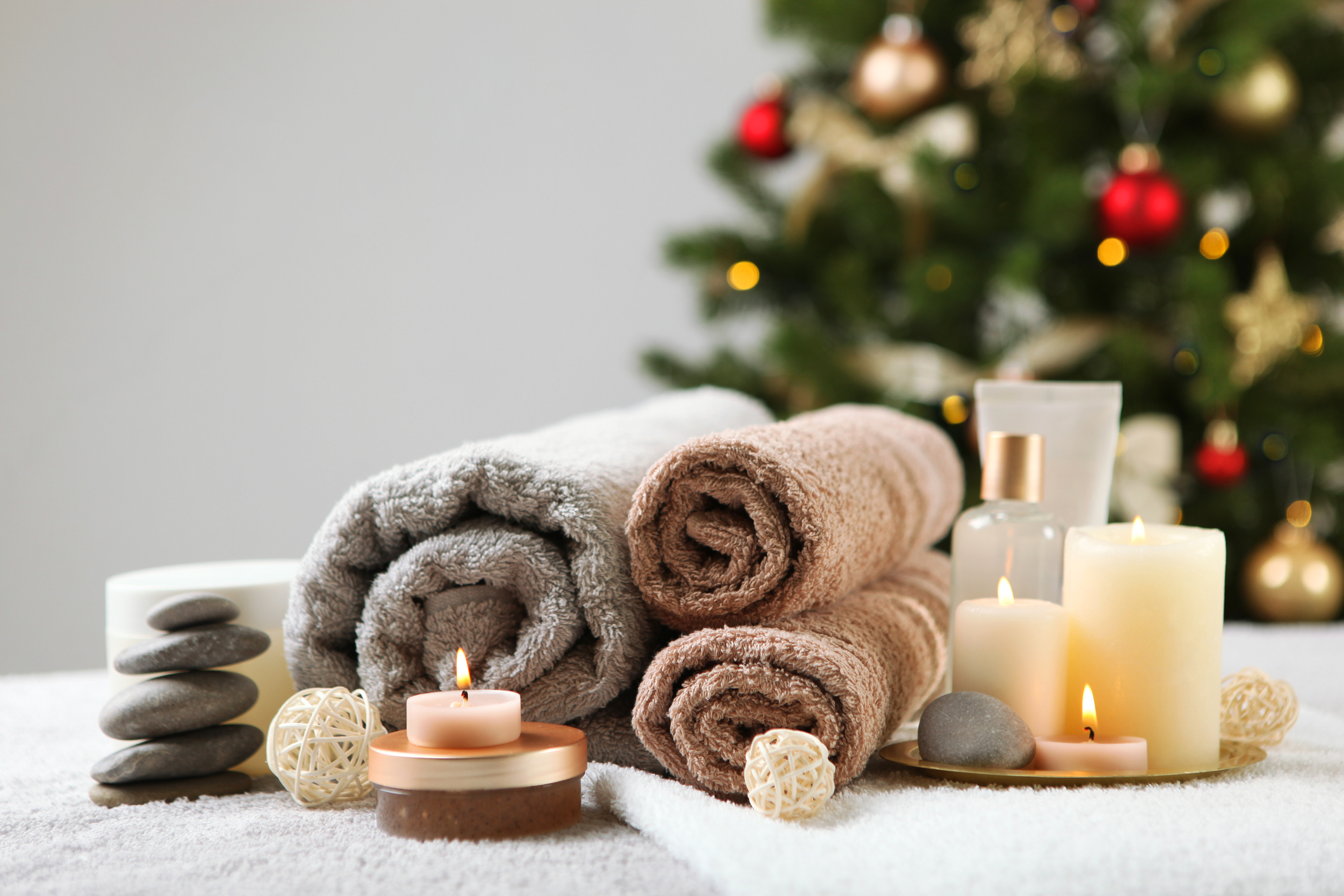 spa composition on the table and Christmas accessories. Relaxation care products. Skin care spa composition on the table and Christmas accessories. Relaxation care products. Skin care